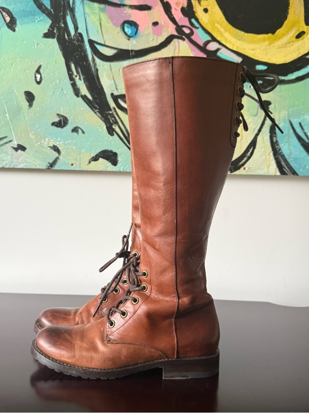 Frye - Women’s Tall Lace Up Leather Natalie Boot Combat Riding Boot - Brown US 7 - Picture 6 of 14